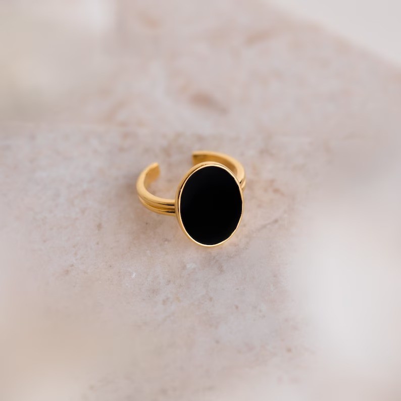 Oval Black Onyx Ring 18K Gold Plated 925 Silver Adjustable Minimalist Statement