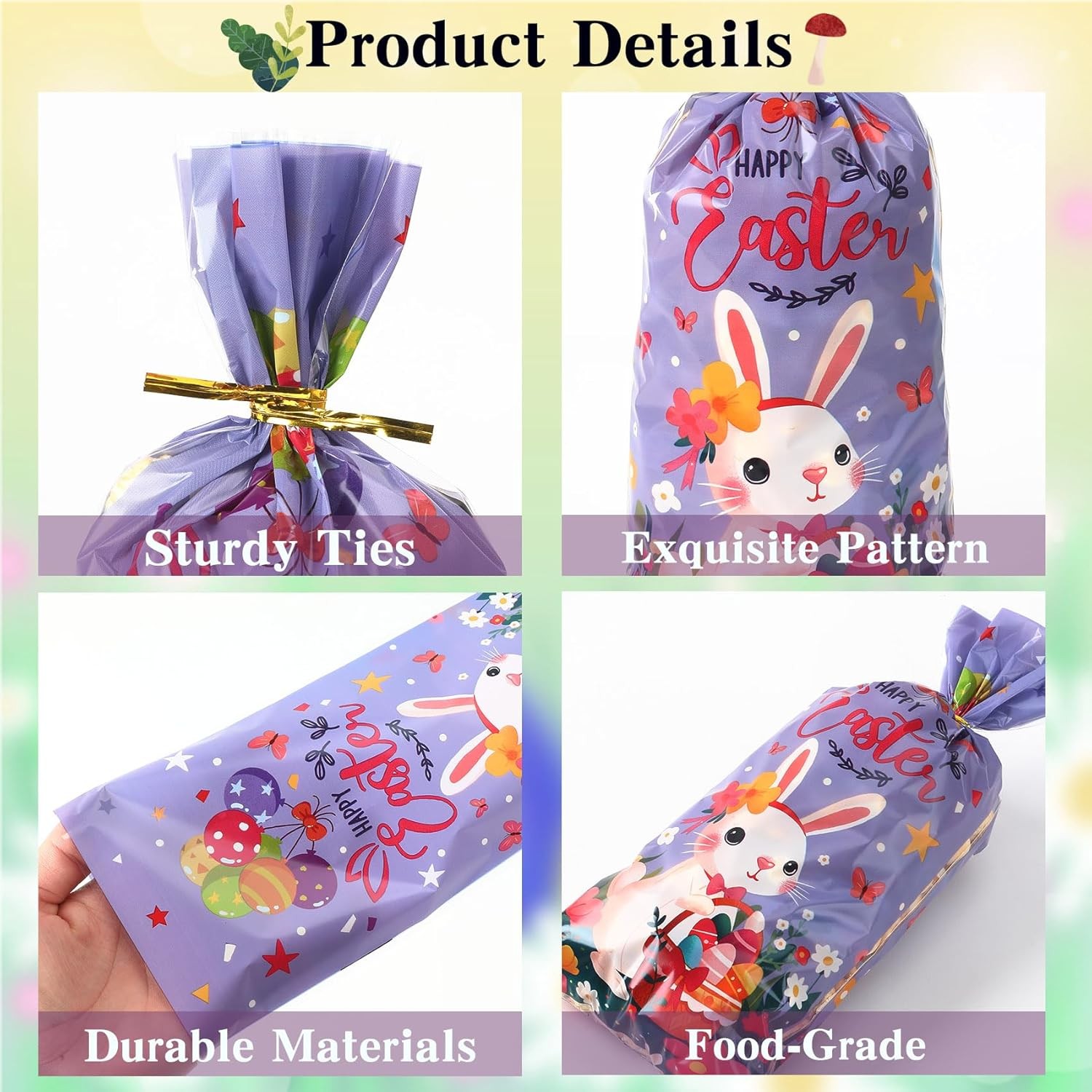 Happy Easter Treat Bags, 100Pcs Easter Cellophane Goodie Bags, Colorful Plastic