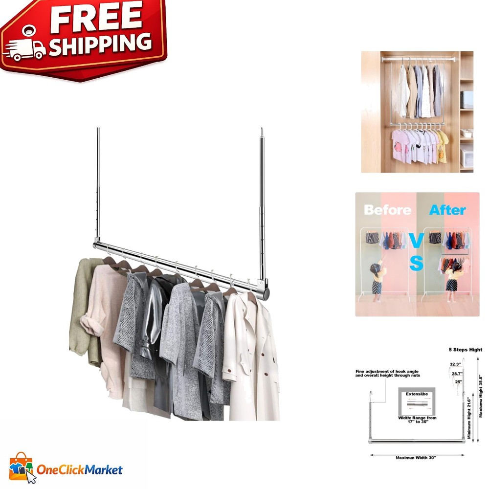 Sturdy Adjustable Hanging Rod - Multi-Functional Chrome Organizer for Any Space