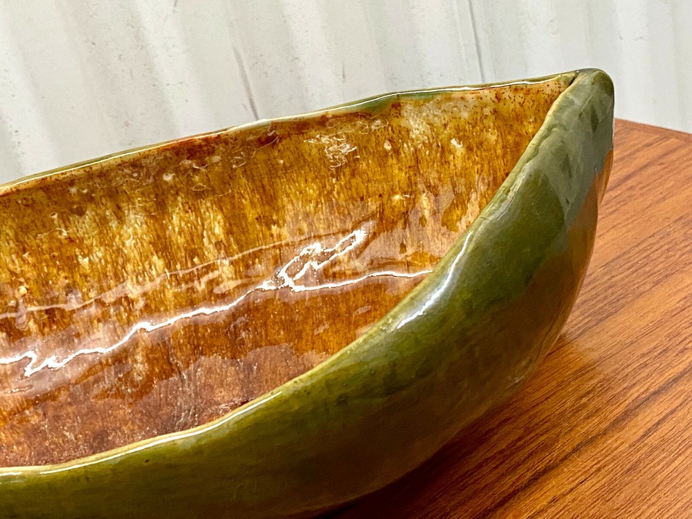 Vintage 1963 Drip Glazed Pottery Leaf Bowl / Planter Signed & Dated