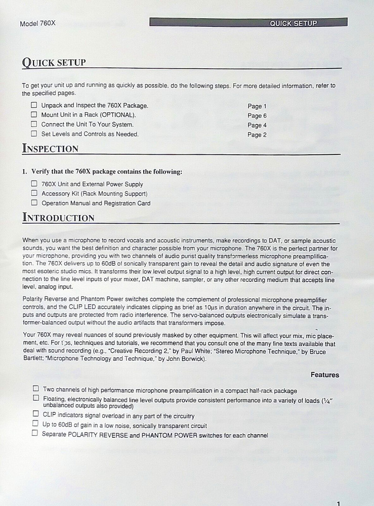 dbx Model 760X Microphone Preamplifier Module Original Owner's Manual Booklet.
