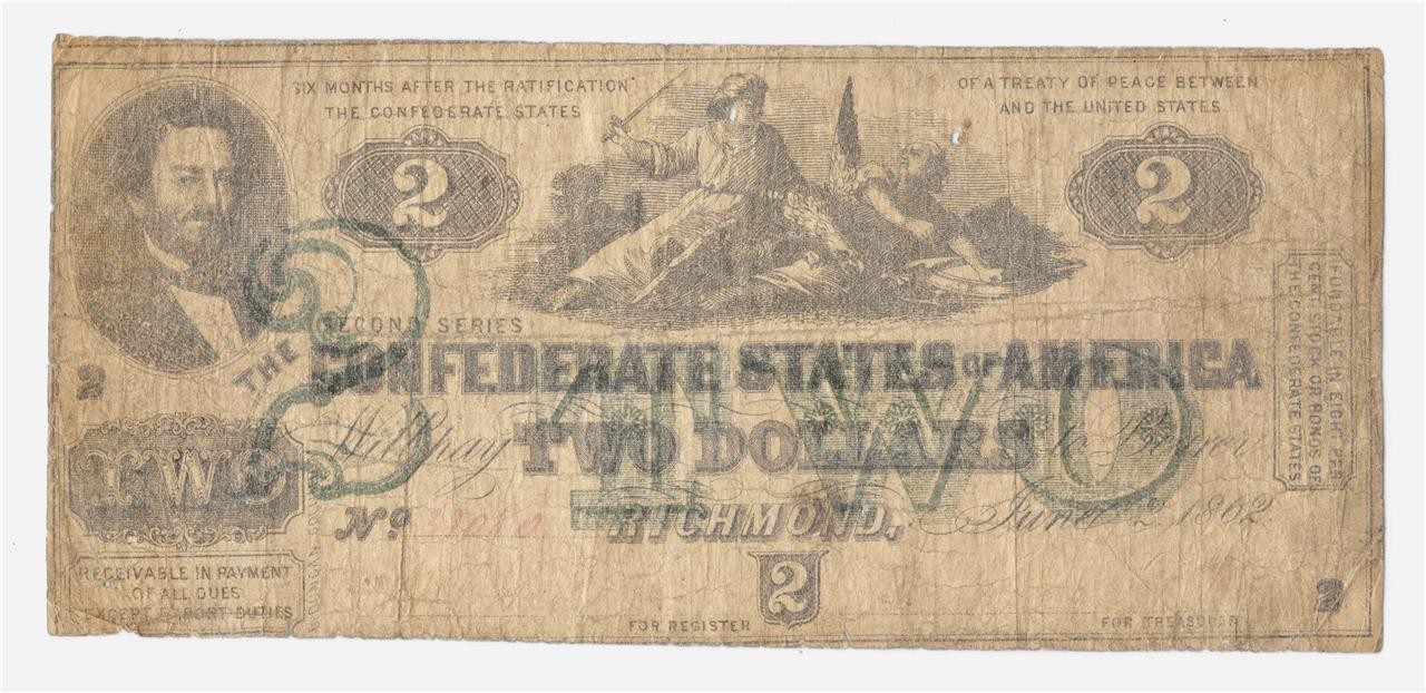 T-43 $2 Confederate States CSA Note 1862 Green Underprint Judah P Benjamin Fine
