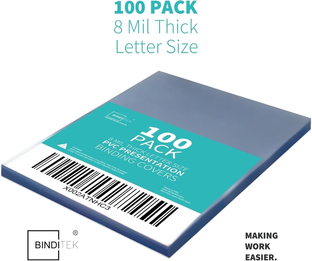 Binditek 100 Pack 8mil PVC Clear Binding Presentation Covers, 8 Mil,