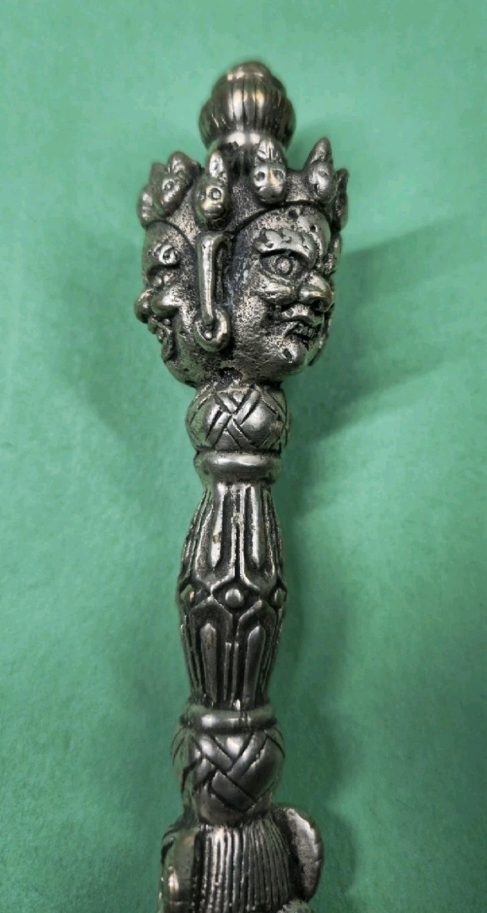 Vintage 7½" Nepal Tibet Buddhist Solid Metal 3-Faced Mahakhala Phurba Dagger