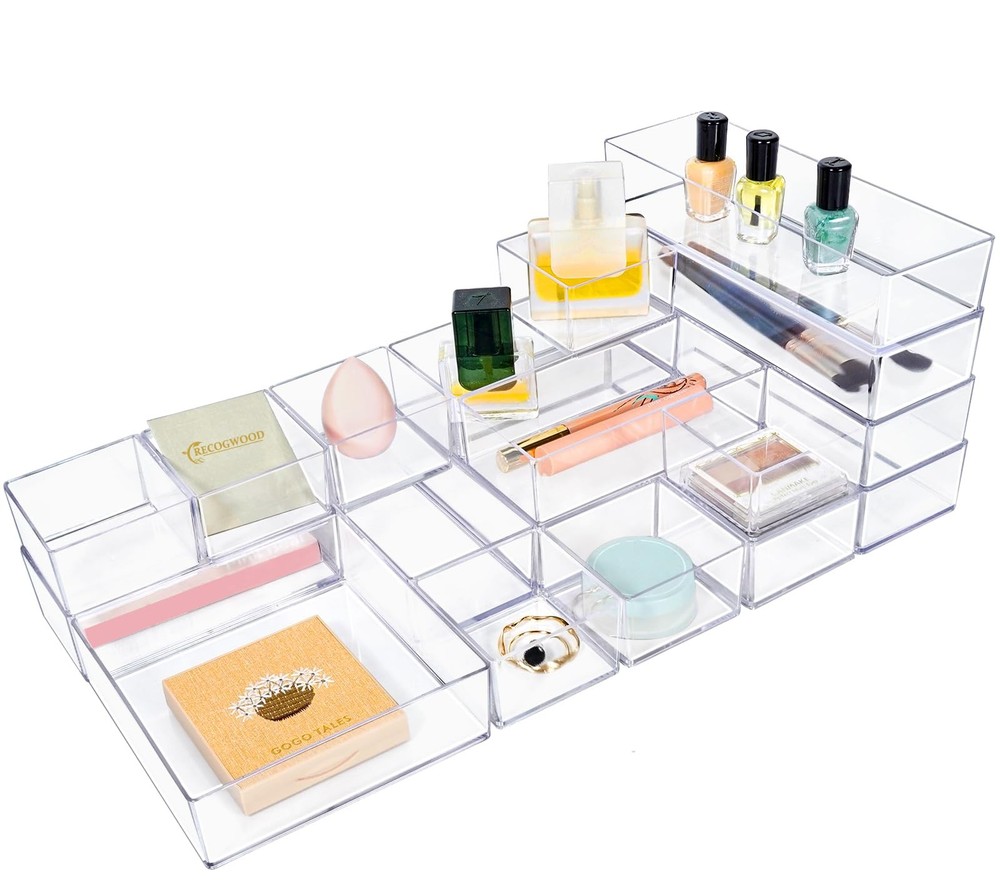 Recogwood Stackable Acrylic Drawer Organizer Set, 18 PCS Multi-Size Storage B...