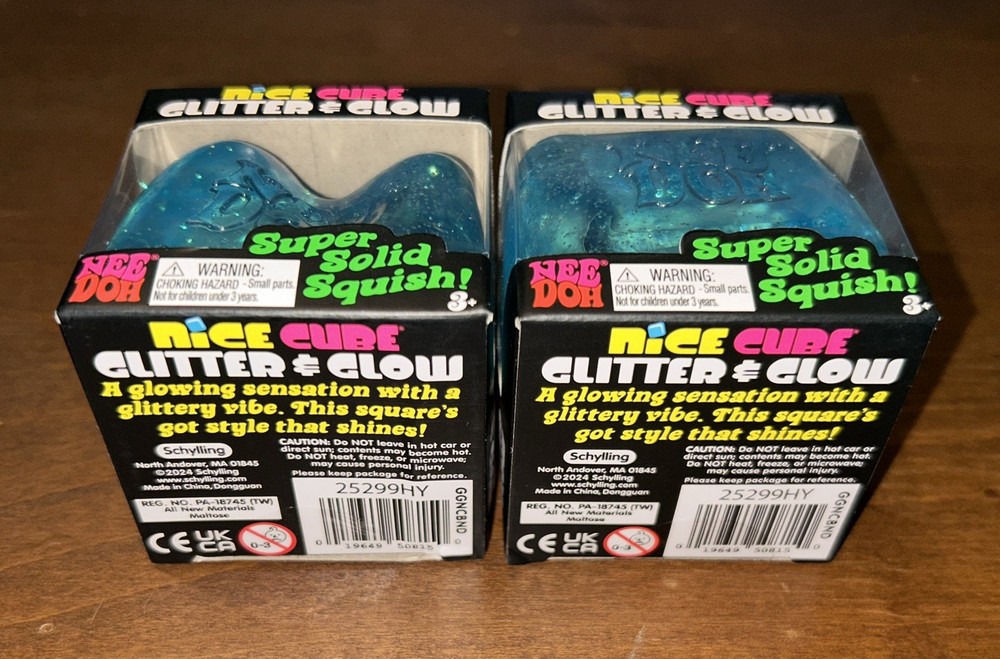 2x Blue Schylling NeeDoh Nice Cube Glitter Glow Super Solid Squishy Toy Sensory