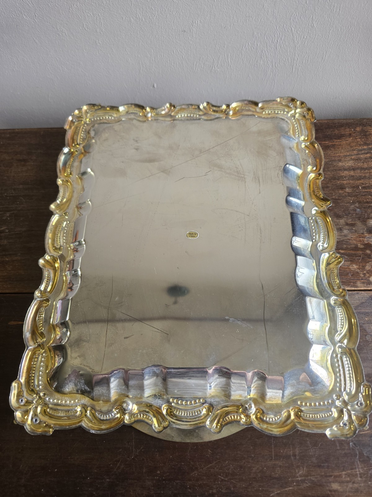 VTG Set Of 2 Dakco Silver Plated Retangle Baroque Trays W/Gold Handles & Leaves