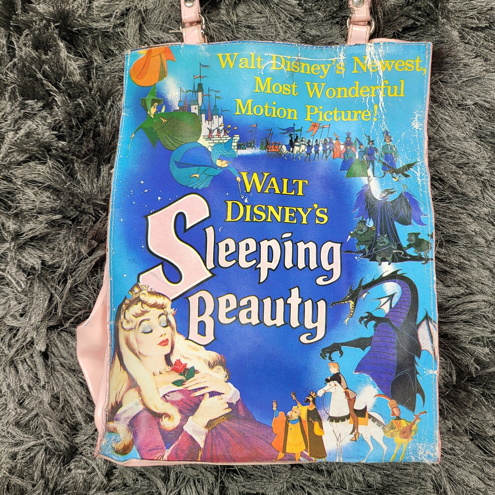 Vintage Walt Disney Sleeping Beauty Vinyl Tote Bag Blue Double Handle 9x12 Flaw