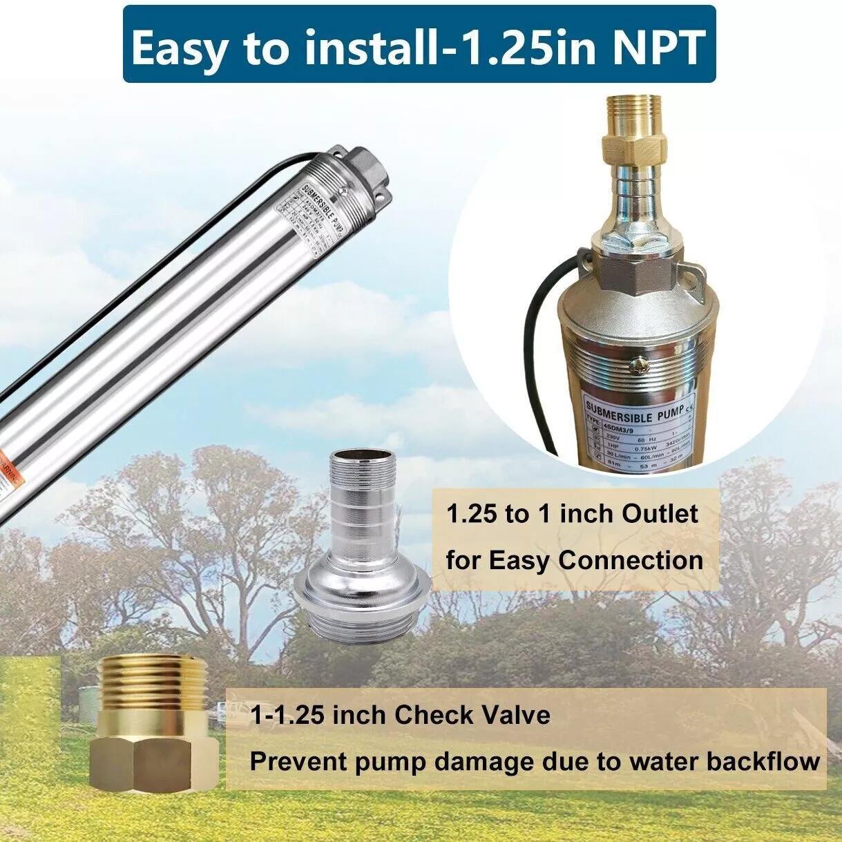 1HP 4" Deep Well Submersible Pump 220V 33GPM 257FT Max 50FT Cord Stainless Steel