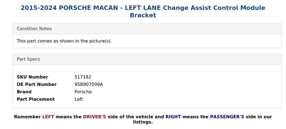 2015-2024 PORSCHE MACAN - LEFT LANE Change Assist Control Module Bracket