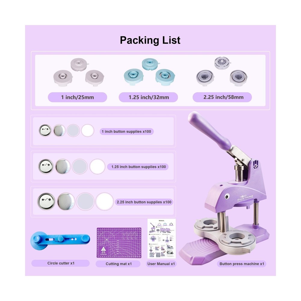Button Maker Machine Multiple Sizes, 1+1.25+2.25 inch Installation-Free Pin M...