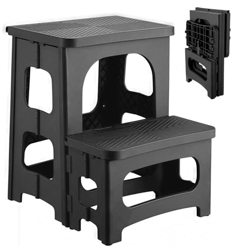 2 Step Stool Foldable, Non-Slip Steps, Folding Step Stool for Adults & Black