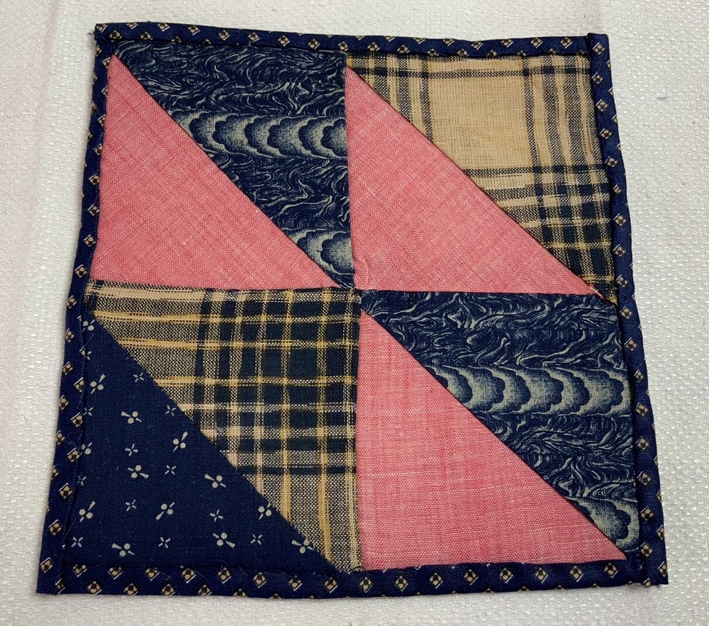 Antique Vintage Patchwork Small Doll Quilt Or Table Topper, 4 Patch W/ Triangles