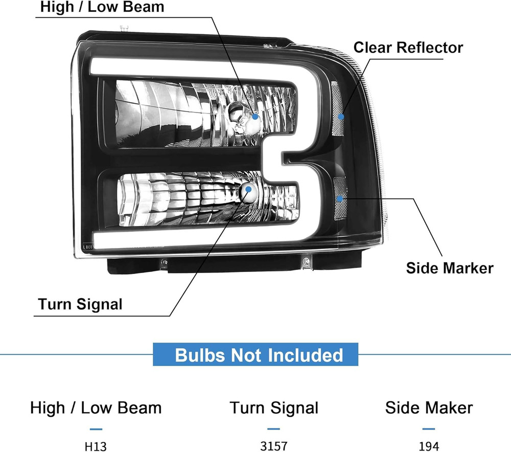 Halogen Headlight Assembly Led Day Running Light Compatible with 2005-2007 2005