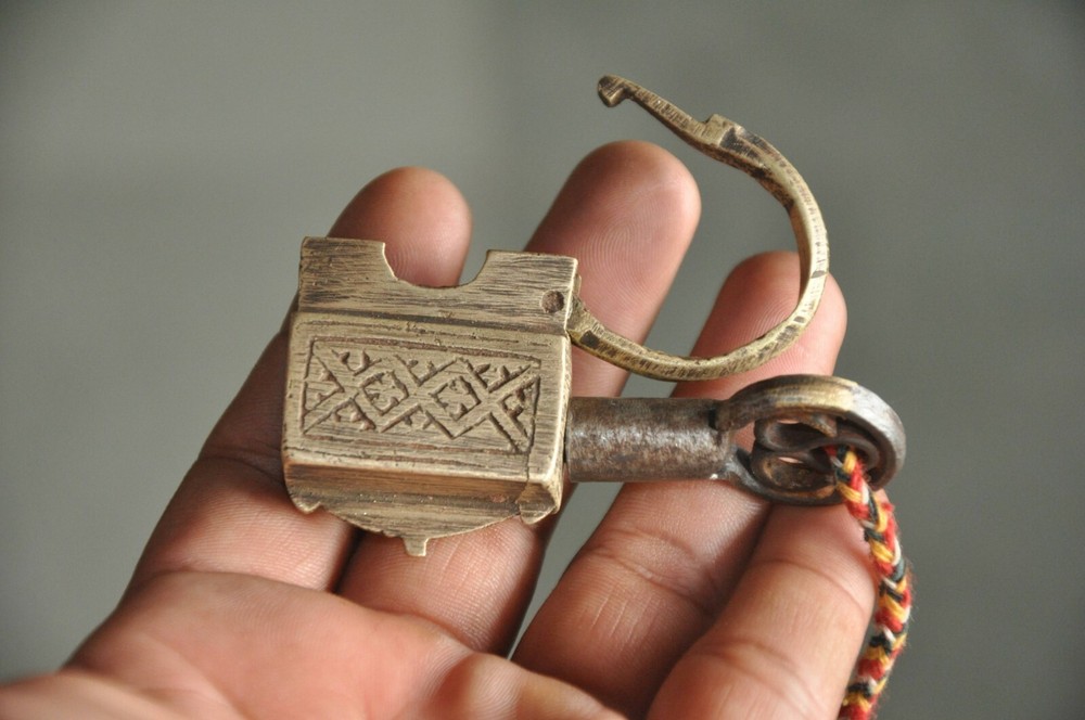 Vintage Brass Handcrafted Engraved Small Unique Shape Screw Padlock