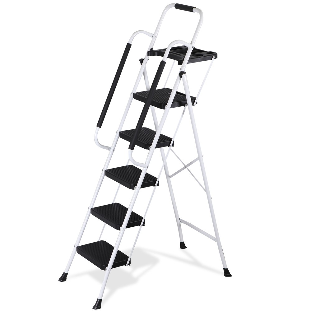 Folding 5 Step Ladder Sturdy Step Stool w/ Multi-Functional Tool Tray Household