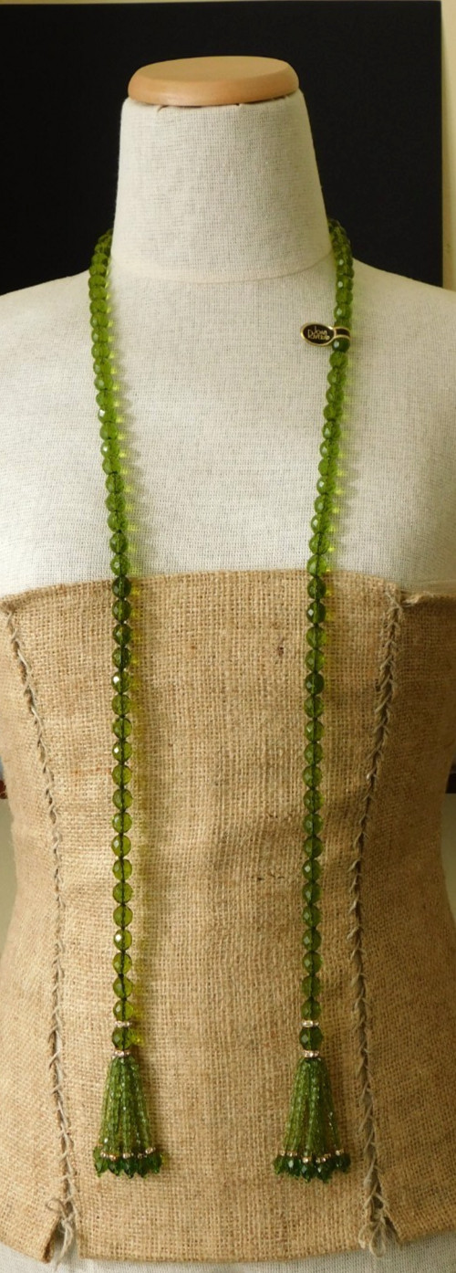 Vintage JOAN RIVERS Lariat Tassel Necklace Green Faceted Beads Flapper NWT