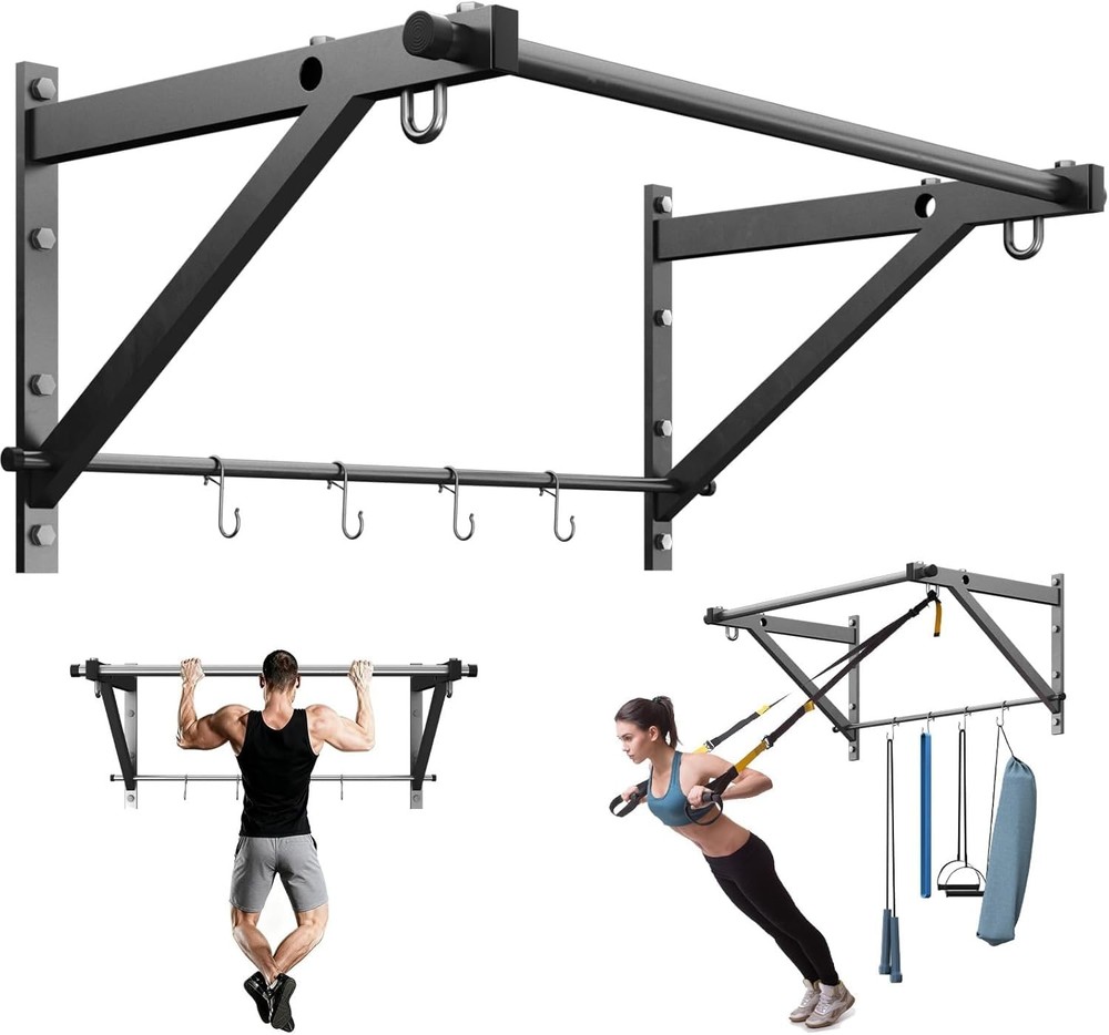 Wall Mounted Pull Up Bar, Strength Training Chin Up Bar with Hooks, Adjustabl...