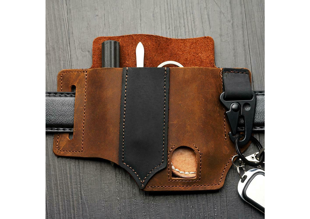 EDC Leather Belt Sheath Organizer For Folded Knives Tactical Flashlights EBS