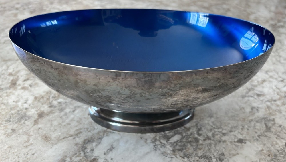 VTG. Wallace Color Clad Oval Bowl Deep Blue Interior  MCM Silver Played