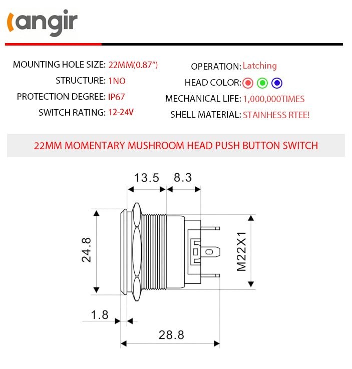 15Amp Push Button Switch，(0.866") 12V-24V Latching Push Button Switch 22mm Red