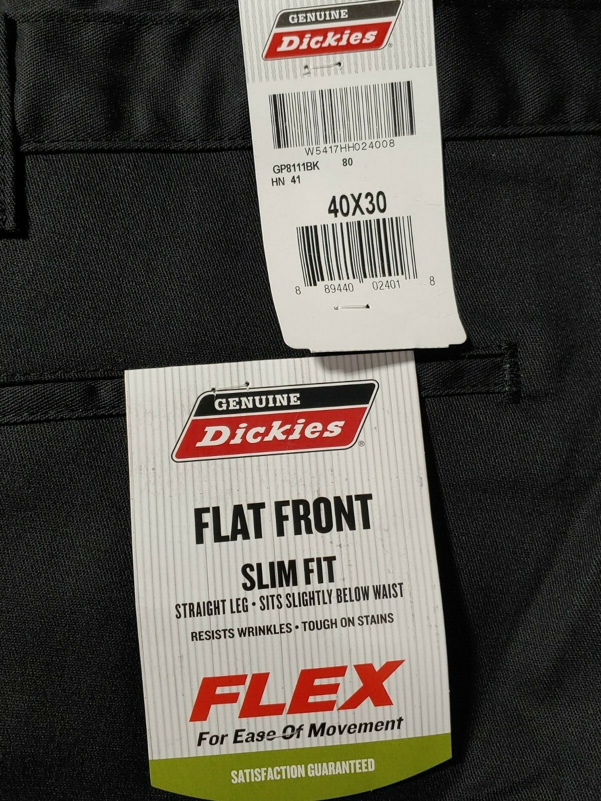 Dickies Work Pants Mens Flat Front Flex Straight Leg Slim Fit Black Size 40x30