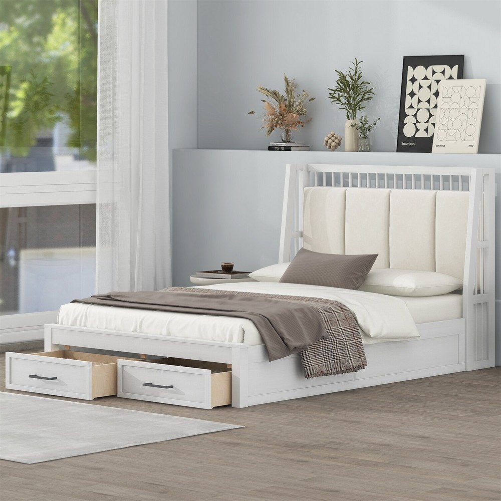Full/Queen Size Bed Frame Upholstered Platform Bed Frame with 2 Drawers White