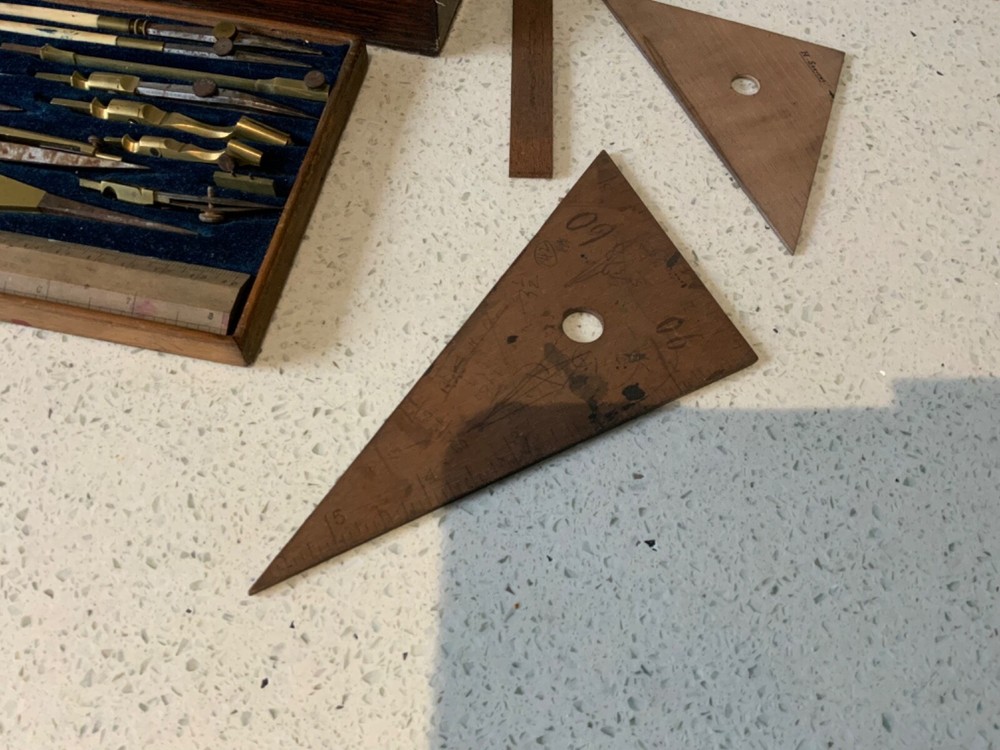 Antique Brass Geometry draftsmanship technical Drawing Instruments Set 1879 key