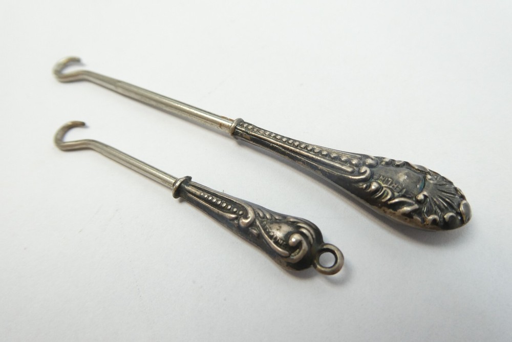 Two Small Button Hooks Sterling Silver Handles Victorian Miniature Mini