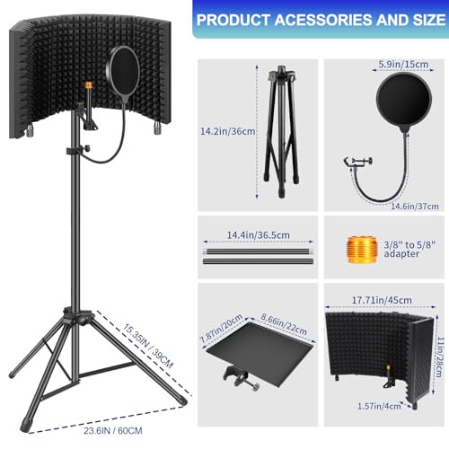 Microphone Isolation Shield with Pop Filter & Tripod Stand, Foldable Mic