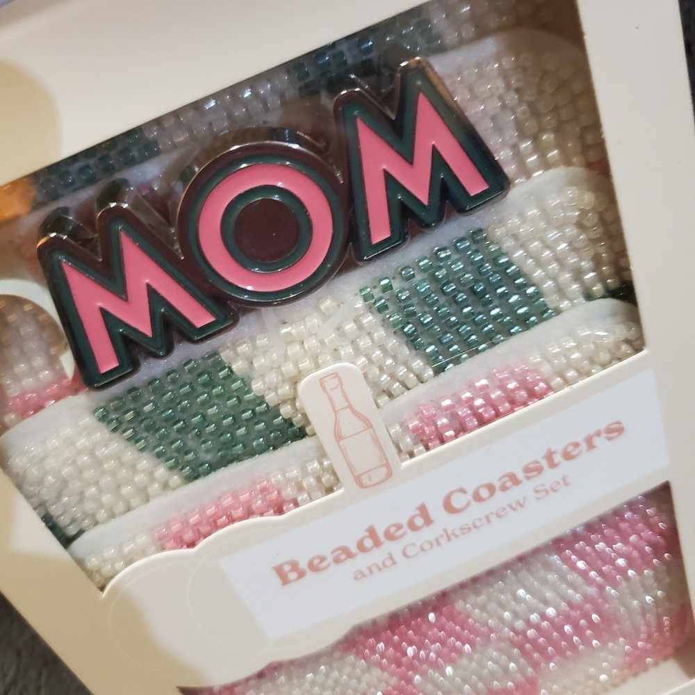 Vivitar Beaded Coasters And 'MOM' Corkscrew Set Pink/Green/White