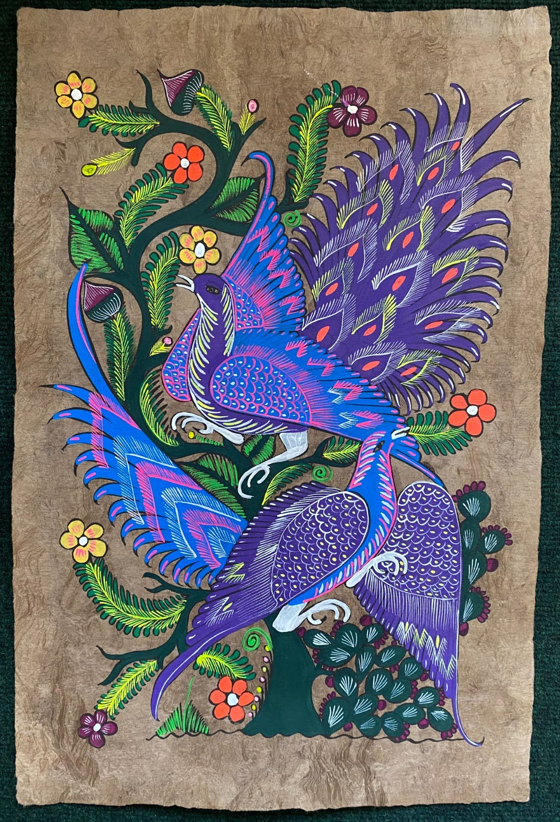15 1/2 X 23" Mexican Folk Art Amate Bark Painting Aztec Love Bird Peacock Flower