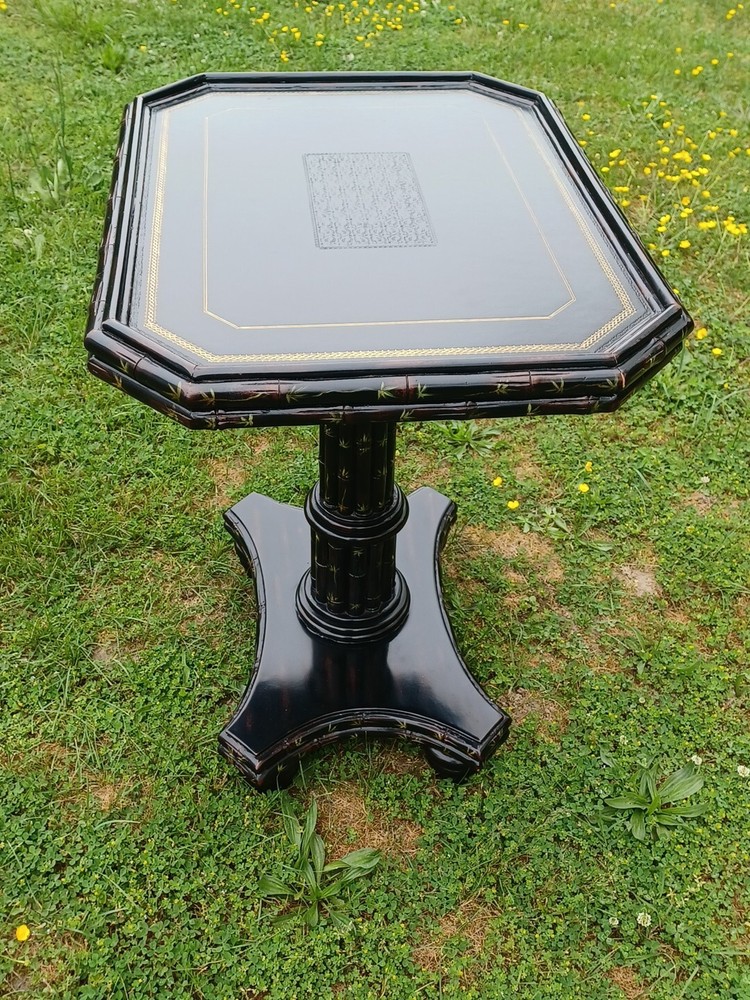 Maitland Smith Side Table Ebonized Faux Bamboo Leather Top Hand Painted Table