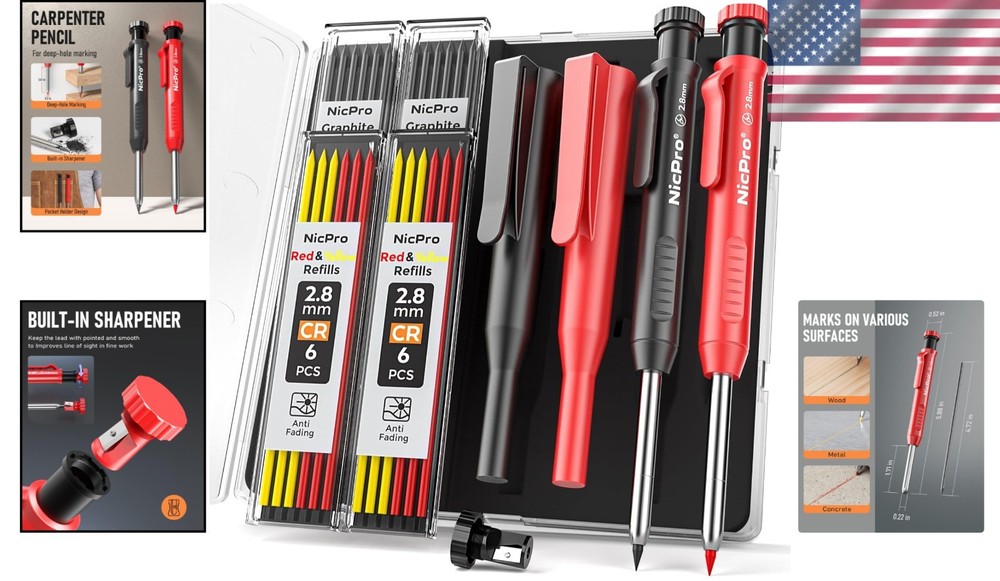 Versatile Carpenter Pencil Set: 2 Pencils, 26 Refill Colors & Handy Sharpener