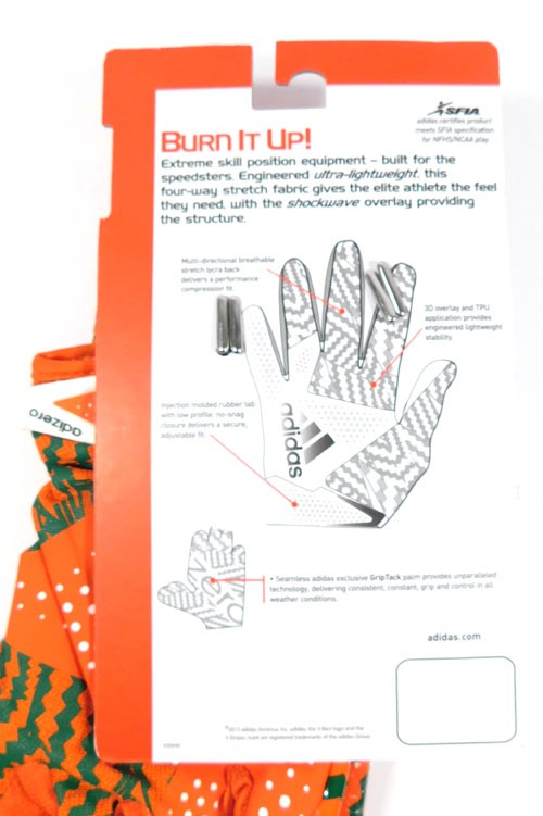 adidas 5 Miami U Team Issued Receiver Football Gloves Org/Grn/Org Size 3XL