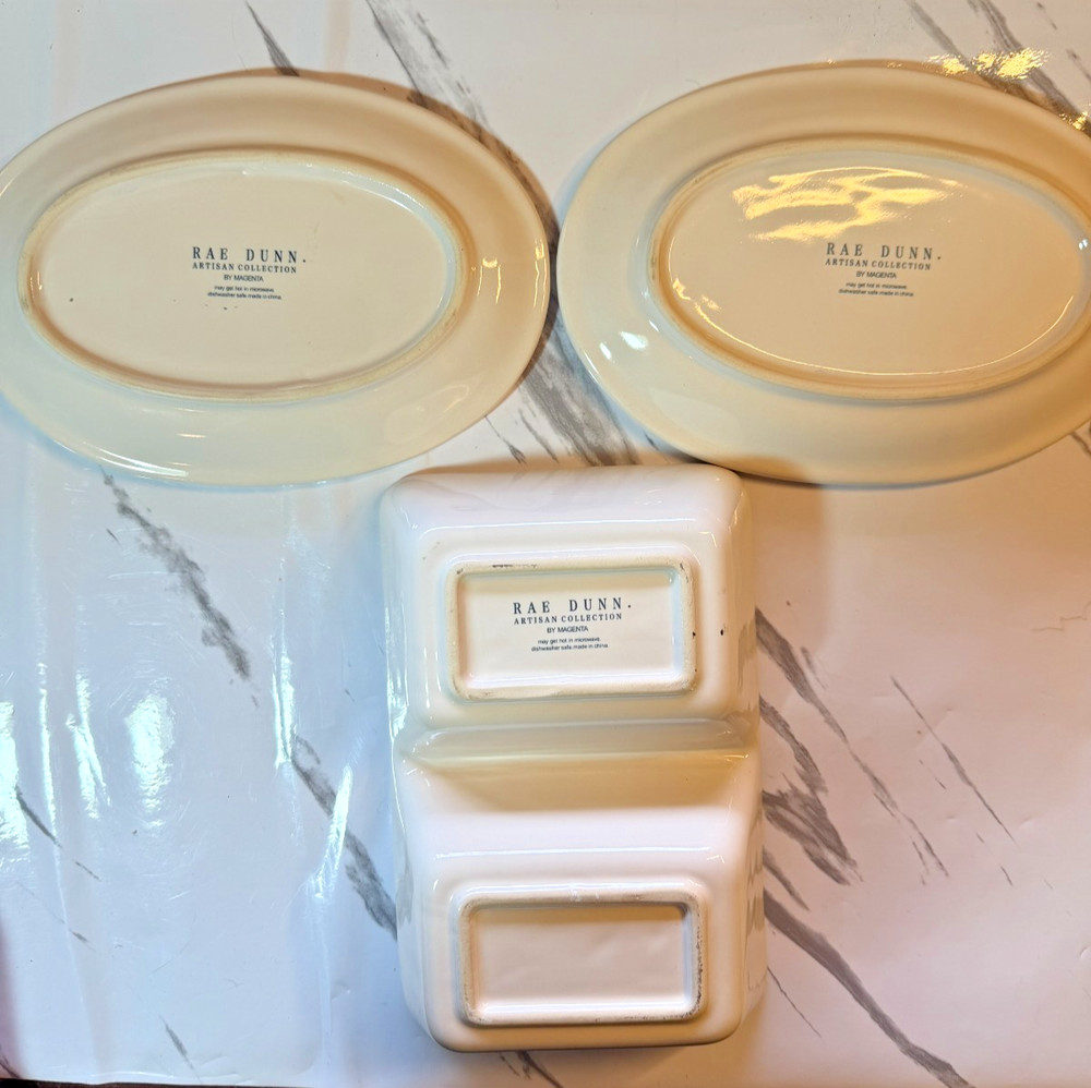 Rae Dunn 3 pc Serving Set. Dip/Dunk dip bowl. Plates: Devour & More Please