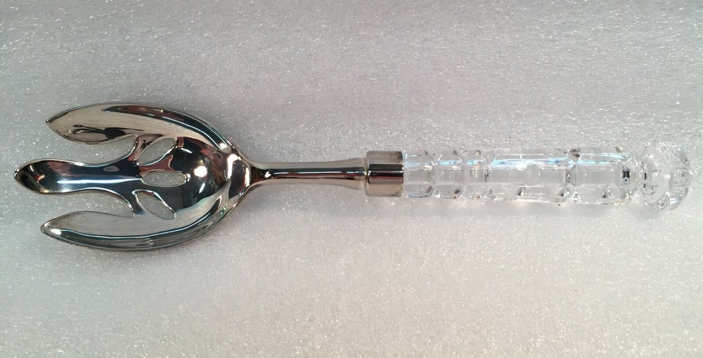 Silver Plate Salad Serving Top Fork w/Molded Glass Handle