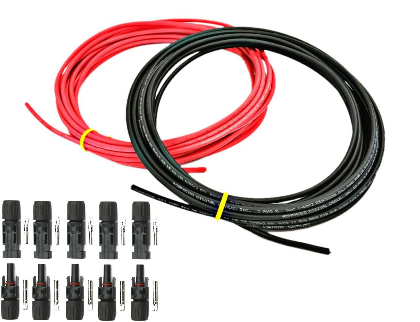 10 AWG and 12 Gauge Red Black Solar Cable Wire with 5 pairs Solar Connectors