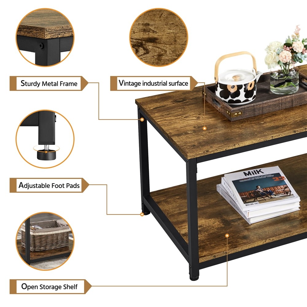 Industrial Coffee Table with Storage Shelf, Rustic Brown