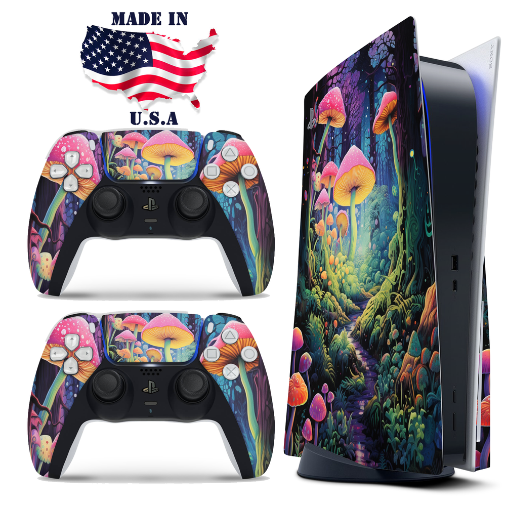 PS5 Disc Version Console & Controller Vinyl Skin Decal Wrap Mushroom Forest
