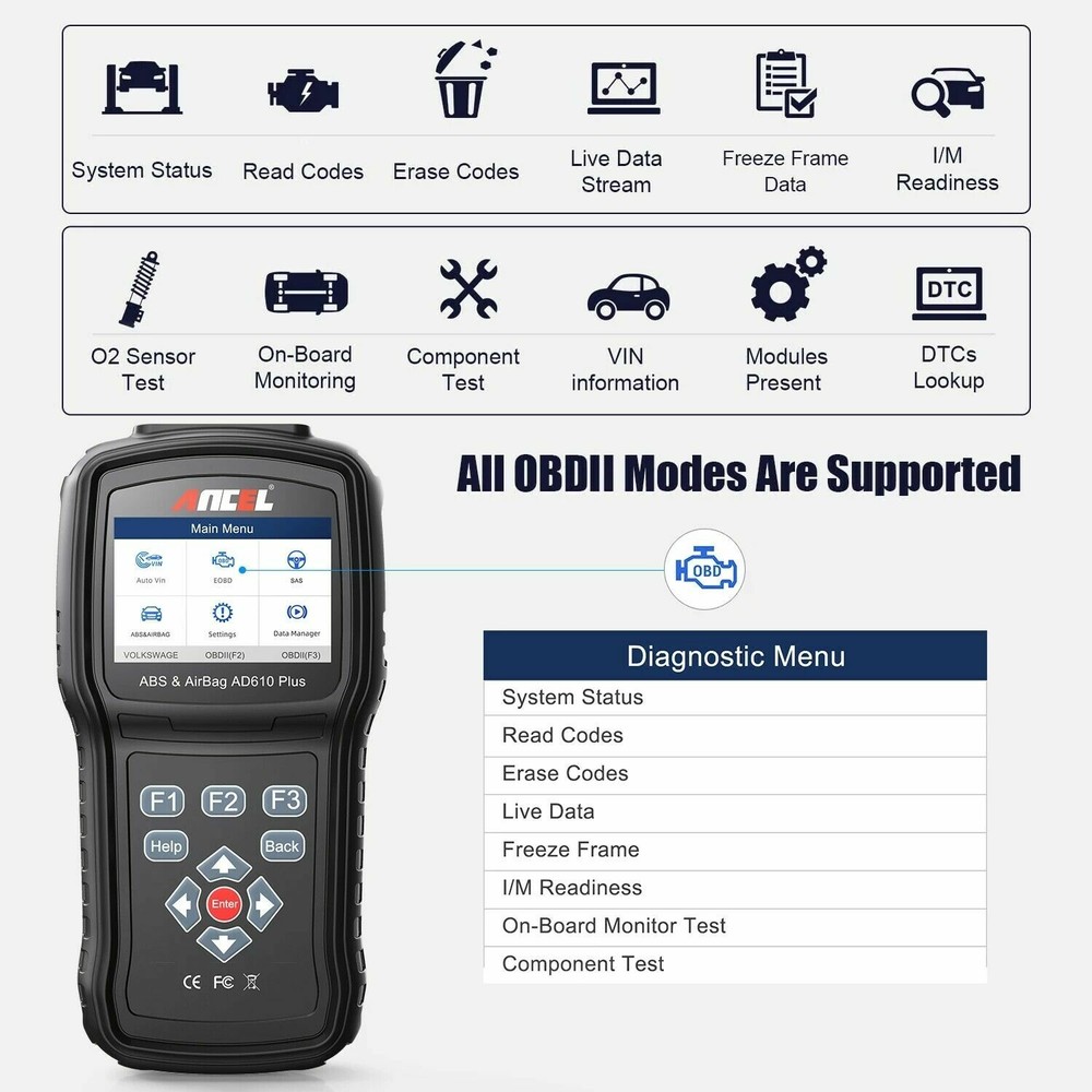 ANCEL AD610 Plus OBD2 Scanner Code Reader SAS SRS Code Reader ABS Check Engine