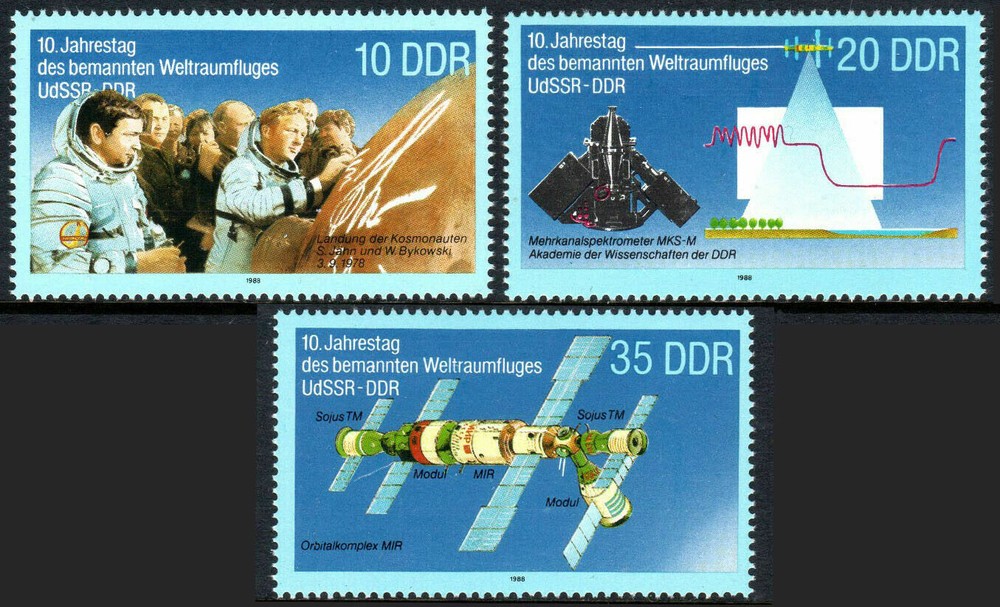 DDR, 1988 German- USSR space cooperation set, 3 stamps,MNH
