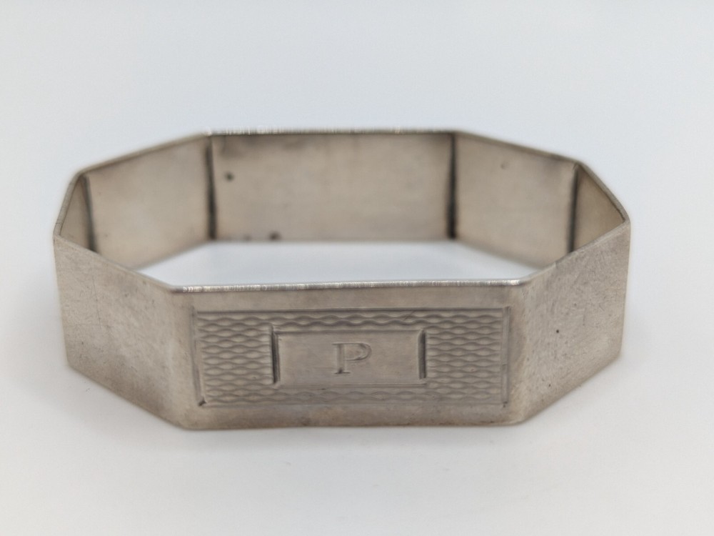 Antique English Octagonal Sterling Silver Napkin Ring "P" initial, dated 1935