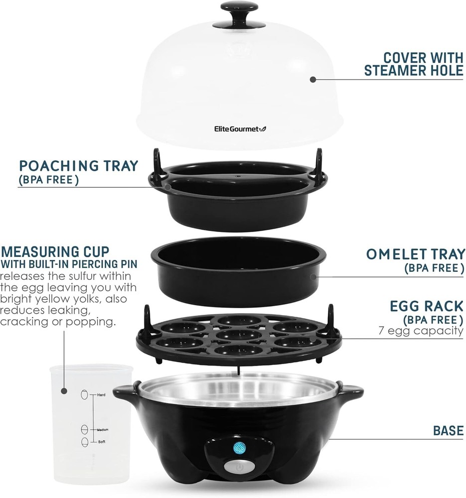Compact and Versatile Egg Cooker: 7 Egg Capacity with Timer & 16 Recipe Booklet