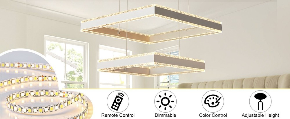 Modern Square 2-Ring LED Chandelier White Dimmable Ceiling Light w/ Remote Fix