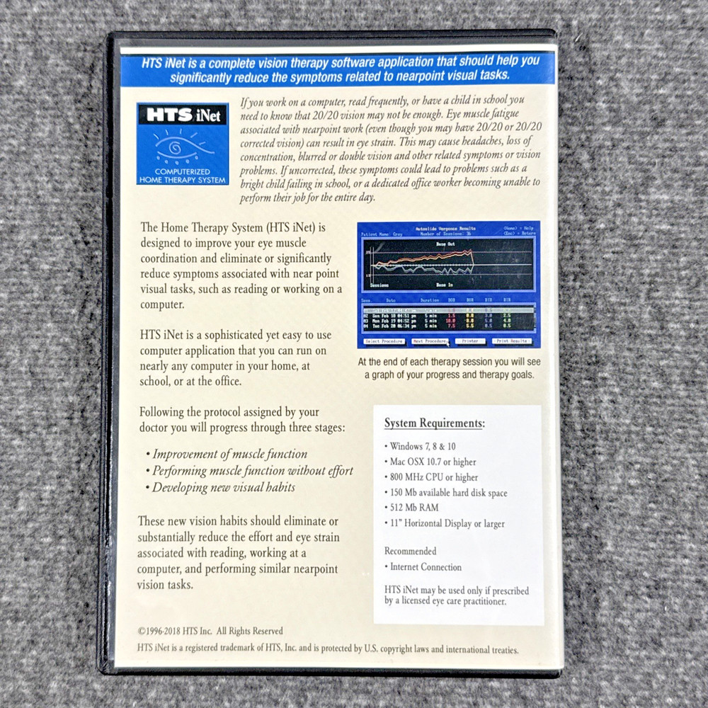 HTS iNet Computerized Home Vision Therapy CD-ROM Mac/Windows W/Username/Passcode
