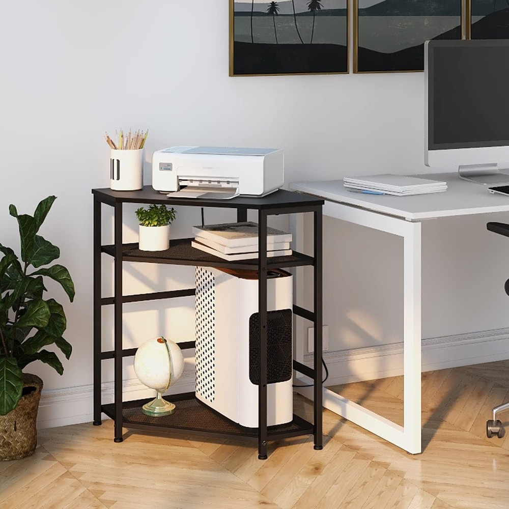 VEDECASA Corner Printer Stand Table with Power Outlet, USB, Adjustable Shelf