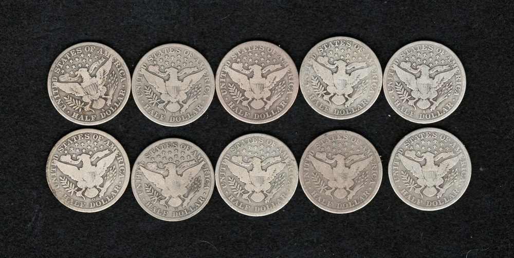 Barber Half Dollars - 10 different