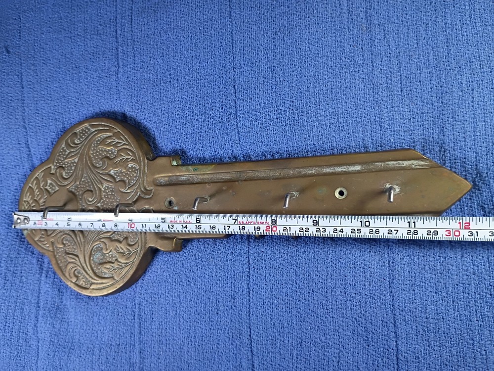 Vintage LARGE Wall Key Holder, Key Shaped Solid Brass w 5 Hooks