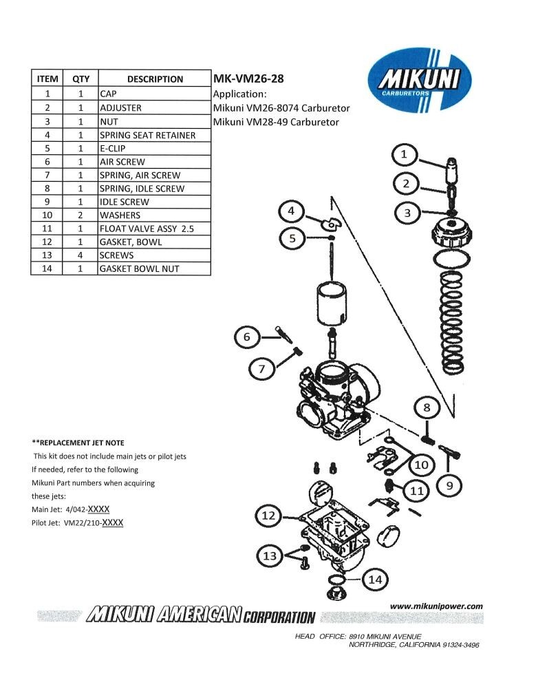 Genuine Mikuni MK-VM26-28 Carburetor Rebuild Kit -Fits VM26-8074 & VM28-49 Carbs